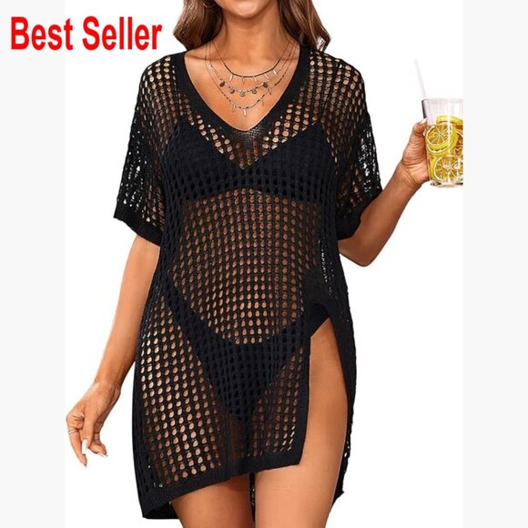 Other - Crochet Mesh Swim Cover Up with Side Split V-Neck Short Sleeve